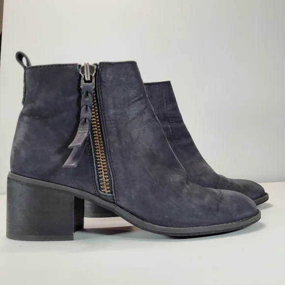 BP Navy Blue Leather Block Heeled Side Zipper Ankle Booties Size 7 - Picture 13 of 13